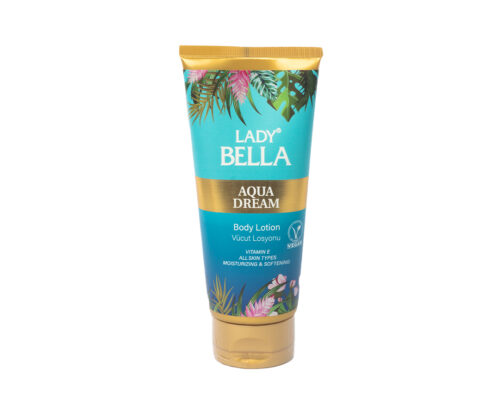Lady Bella Body Lotion in Aqua Dream fragrance, 200 ml bottle, designed for moisturizing and nourishing skin.