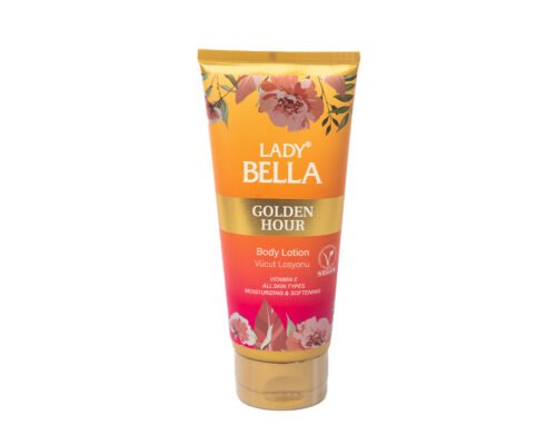 Lady Bella Body Lotion in Golden Hour, 200 ml bottle, designed for moisturizing and nourishing skin, featuring a luxurious texture and a warm, radiant fragrance.