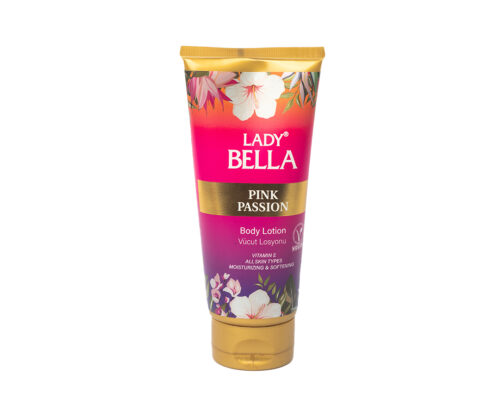 Lady Bella Body Lotion in Pink Passion, 200 ml bottle, featuring a vibrant pink design and moisturizing formula for soft, radiant skin.