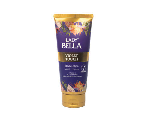 Lady Bella Body Lotion in Violet Touch, 200 ml bottle, featuring a floral design and moisturizing properties for soft, smooth skin.