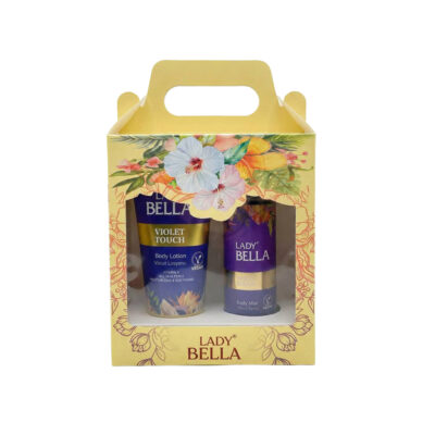 Lady Bella Body Mist and Body Lotion 200 ml packaging, featuring a floral design and elegant branding, ideal for enhancing your skincare routine.
