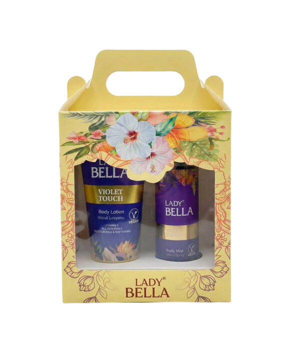 Lady Bella Body Mist and Body Lotion 200 ml packaging, featuring a floral design and elegant branding, ideal for enhancing your skincare routine.