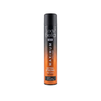 Lady Bella Maximum Volume Extra Strong Hair Spray 750 ml bottle, designed for long-lasting hold and volume, featuring a sleek design with a spray nozzle for easy application.