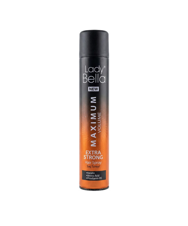 Lady Bella Maximum Volume Extra Strong Hair Spray 750 ml bottle, designed for long-lasting hold and volume, featuring a sleek design with a spray nozzle for easy application.